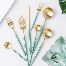 Load image into Gallery viewer, Minty Green & Gold Matte Cutlery Set