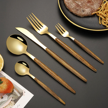 Load image into Gallery viewer, Wood & Shiny Gold Cutlery Set