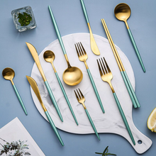 Load image into Gallery viewer, Minty Green & Gold Matte Cutlery Set