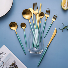 Load image into Gallery viewer, Minty Green & Gold Matte Cutlery Set