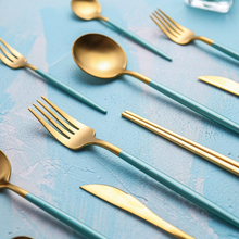 Load image into Gallery viewer, Minty Green & Gold Matte Cutlery Set