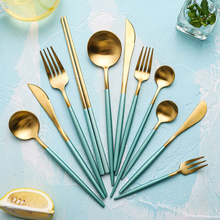 Load image into Gallery viewer, Minty Green & Gold Matte Cutlery Set