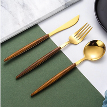 Load image into Gallery viewer, Wood & Shiny Gold Cutlery Set