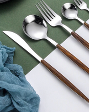 Load image into Gallery viewer, Wood &amp; Shiny Silver Cutlery Set
