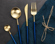 Load image into Gallery viewer, Blue & Gold Matte Cutlery Set