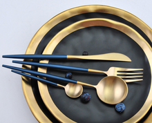 Load image into Gallery viewer, Blue &amp; Gold Matte Cutlery Set

