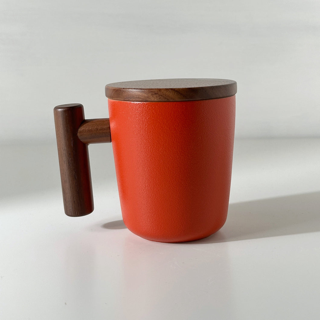 Red Orange Wooden Handle Ceramic Mug