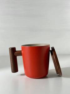 Red Orange Wooden Handle Ceramic Mug