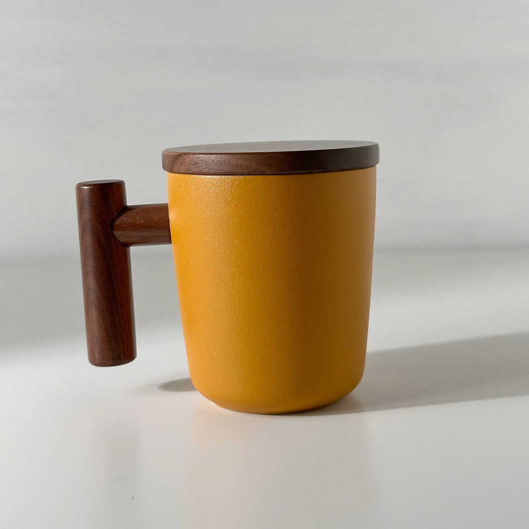 Yellow Mustard Wooden Handle Ceramic Mug
