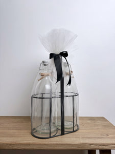 Glass Bottle Set with Metal Holder