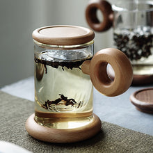 Load image into Gallery viewer, Circled Handle Glass Mug with Wooden Stand &amp; Lid
