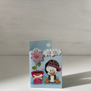 Embossed Penguin and Flower "For You" Gift Card