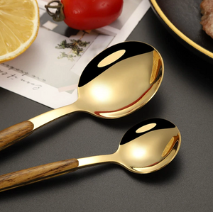 Wood & Shiny Gold Cutlery Set