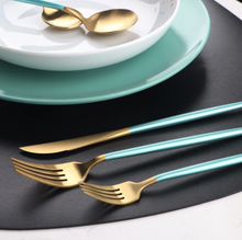 Load image into Gallery viewer, Minty Green &amp; Gold Matte Cutlery Set
