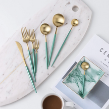 Load image into Gallery viewer, Minty Green &amp; Gold Matte Cutlery Set
