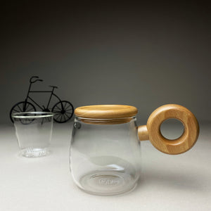 Circled Handle Inflated Glass Mug with Wooden Lid