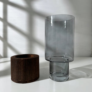 Dark Tinted Glass Vase with Wooden Stand